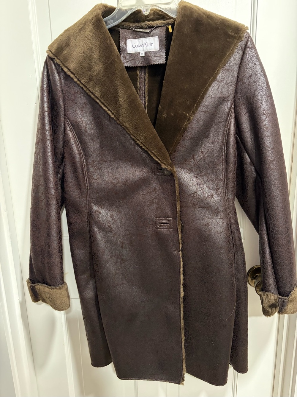 Calvin Klein Brown Faux-Shearling Trim Leather Coat
